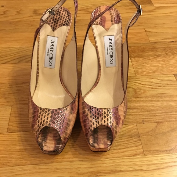 Jimmy Choo Snakeskin Sling Back Open Toe Heels - Picture 2 of 8